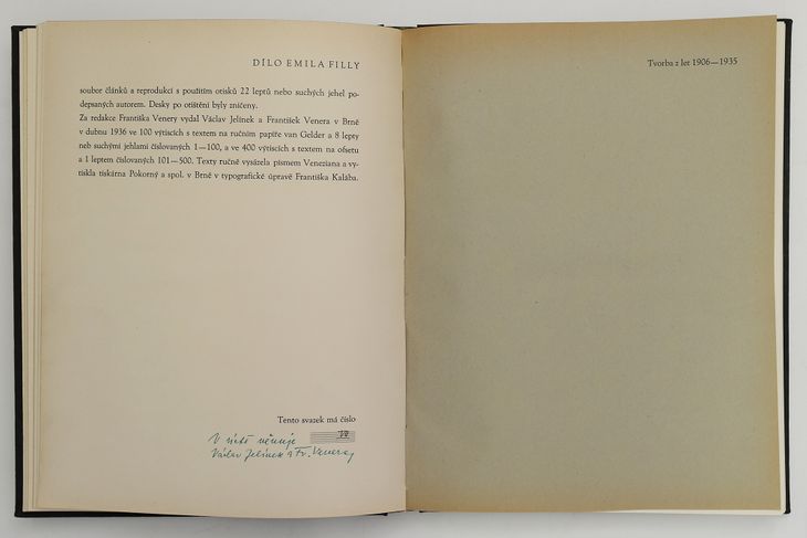 Bibliografie č. VII František Venera: Dílo Emila Filly, Brno, 1936, s originálním grafickým listem Žena v lenošce - 2